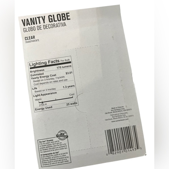 Lot of 2 Packs 4 Bulbs ACE Vanity Globe Candelabra 25 W Clear New - Picture 4 of 4